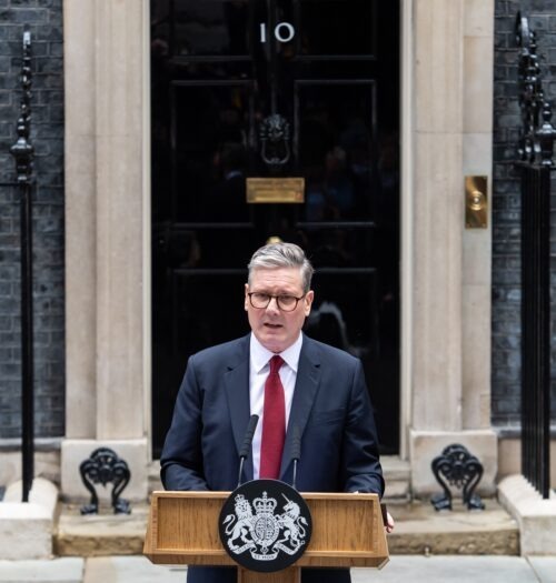 Sir Keir Starmer standing at the podium outside Downing Street