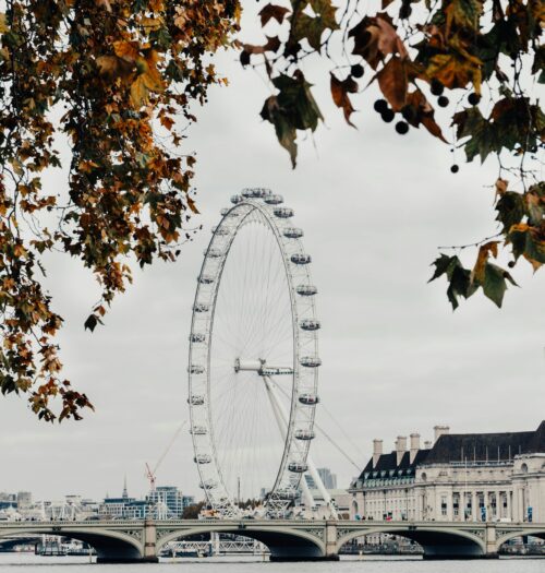 London skyline framed by autumn leaves